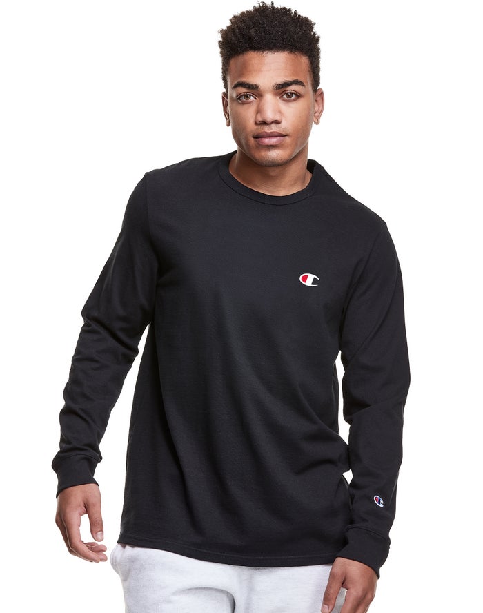 Champion Heritage Long-Sleeve Embroidered C Logo Erkek Tişört Siyah ( DEKHMU692 )